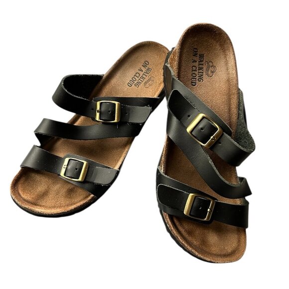 WALKING ON A CLOUD Black Strap Open Toe Cork Like Wedge Sandals  US 6 - Picture 1 of 4